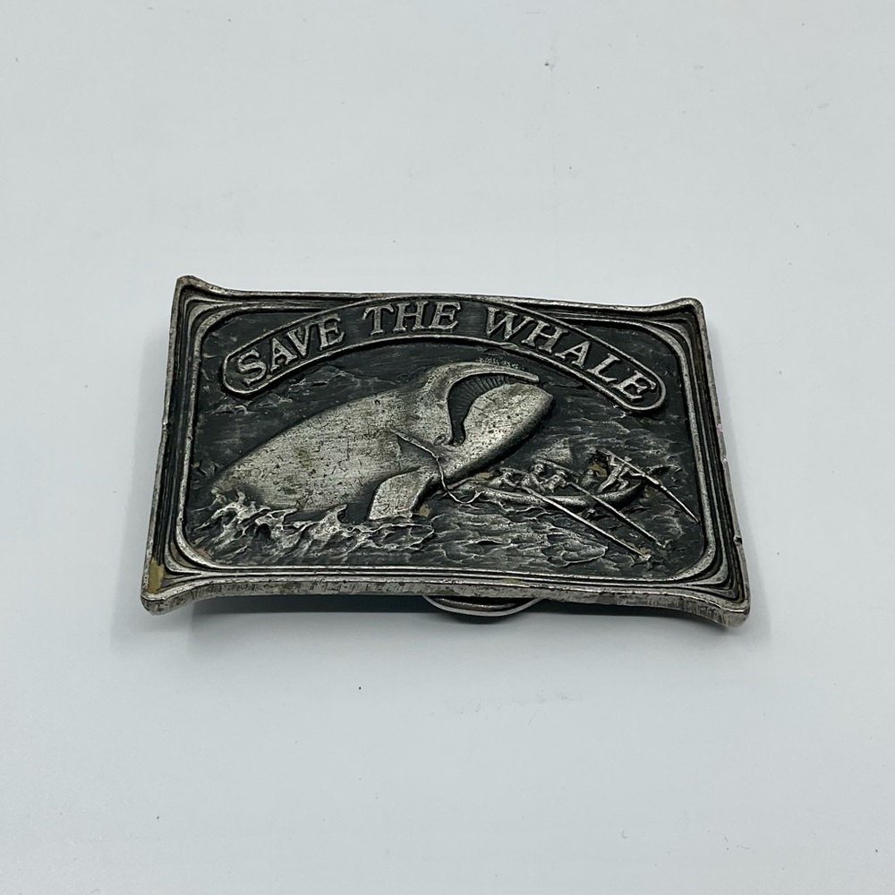 Vintage 70s Bergamot Brass Works Save the Whale Pewter Belt Buckle - Picture 2 of 6